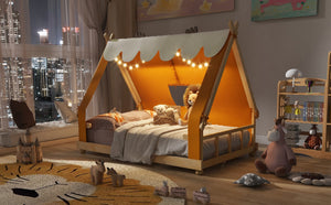 English Elm Twin Cabin Bed with Detachable Tent Skylight and Woodland Deer Antler Accents Brown N708P356717D