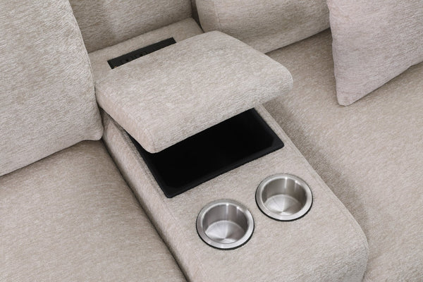 English Elm Nyeisha Flannel Velvet Sectional Sofa with Chaise Usb Ports and Built-in Console Beige B102S00076