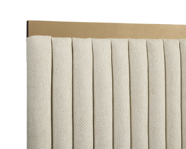 Sunpan Tarrant King Bed in Monument Oatmeal with Gold Steel Hardware - Stylish Tufted Elegance