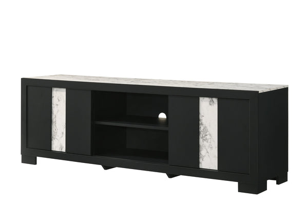 English Elm 1pc Modern Entertainment Console with Industrial Edge, Grey Wood Finish, Open Shelf & Two Drawers Black,White 19.69 L x 75 W x 26.38 H B2741P295470