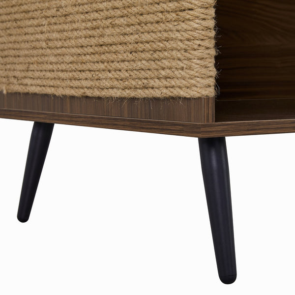 English Elm Cat Furniture Mid-Century Walnut 2‑in‑1 Litter Box Enclosure with Sisal Scratcher & Spring Door Storage N843P254861W