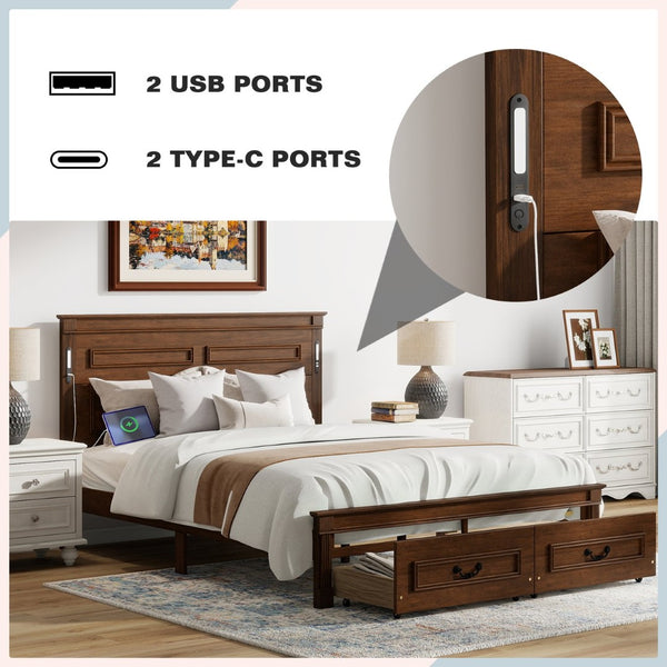 English Elm Queen Farmhouse Pinewood Storage Bed with Led Lighting Usb Charging and Panel Headboard Walnut W504P391016