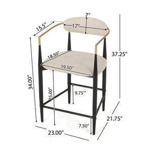 English Elm Counter Stools Set of Two Matte Black Iron Frames Gold Trim Upholstered Seats N771P249370A