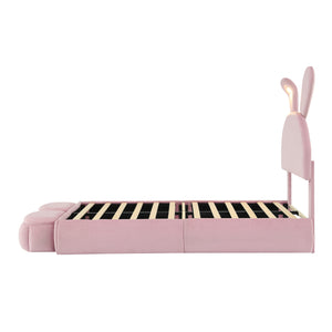 English Elm Twin Upholstered Platform Bed with Cute Cartoon Ears Headboard, LED Light, Adjustable Height, Pink WF321677AAH