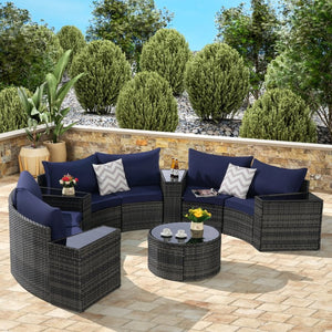 English Elm Outdoor Patio Furniture 11-Piece Half-Moon Sectional Set With Round Table - Stylish & Durable Comfort W874S00049-GIGA