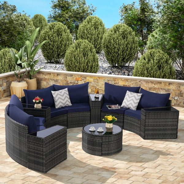 English Elm Outdoor Patio Furniture 11-Piece Half-Moon Sectional Set With Round Table - Stylish & Durable Comfort W874S00049-GIGA