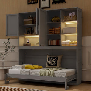 English Elm Twin Murphy Bed with Cabinet Shelves Built in Lighting Usb Ports Space Saving Wall Unit Gray LP000389AAE-1