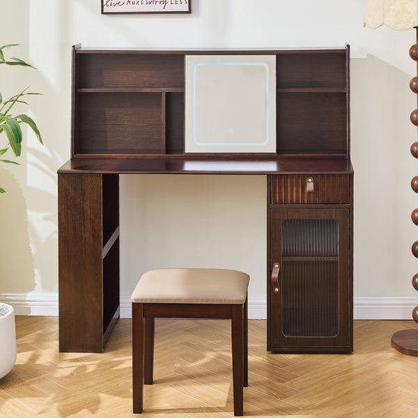 English Elm Elegant Walnut Makeup Vanity with Sliding 3-Color LED Mirror, Large Shelves, Fluted Drawer & Cabinet N844P257533W
