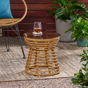 English Elm Christopher Knight Home® - SAN PEDRO SIDE TABLE Light Brown Rattan with Tempered Glass Top Boho Patio Accent Durable 15.8"H 65760.00LBRN