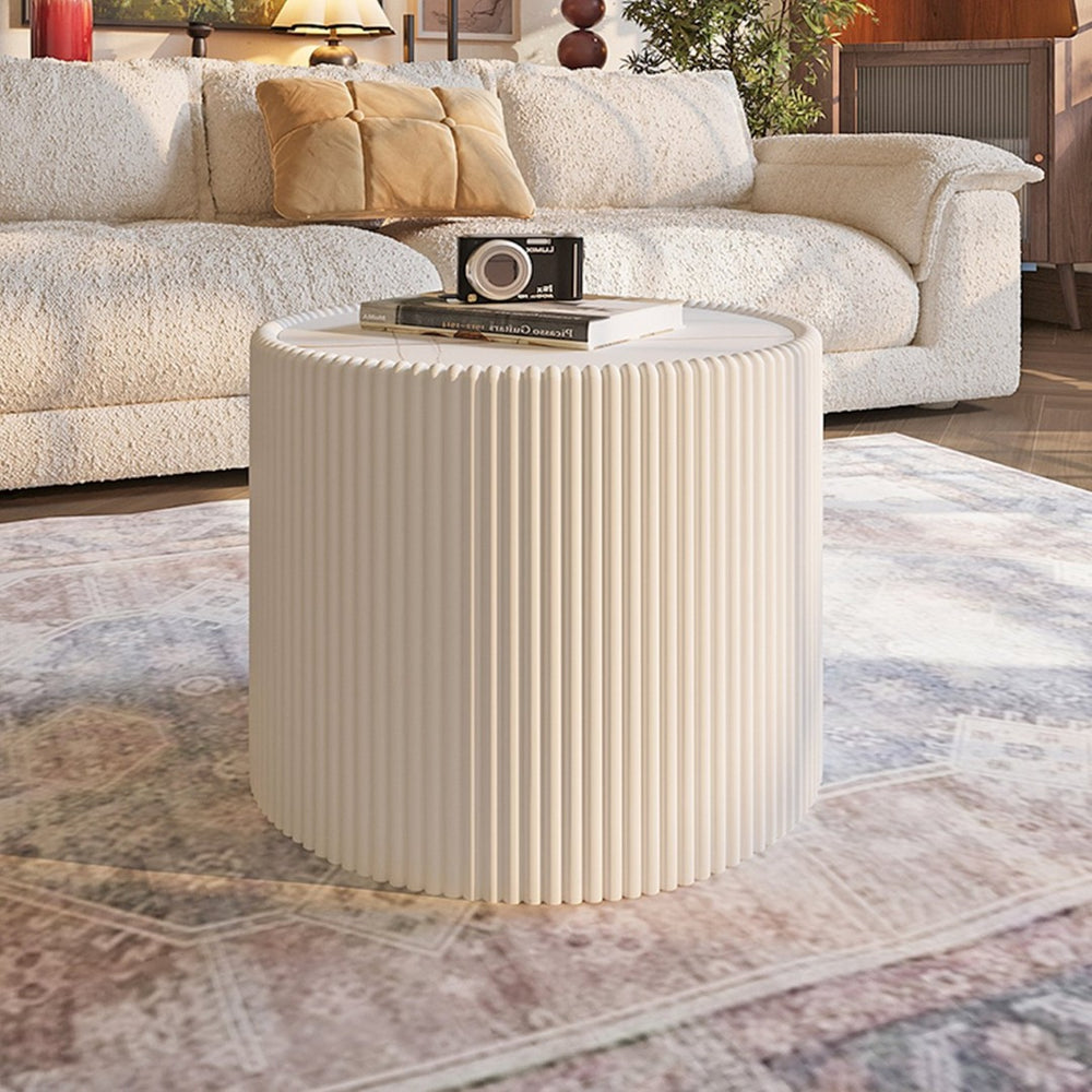 English Elm Light Sintered Stone Top Cylinder Coffee Table with Leather Wrap and Gold Veining W3081P367604