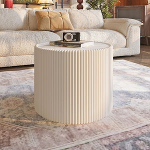 English Elm Light Sintered Stone Top Cylinder Coffee Table with Leather Wrap and Gold Veining W3081P367604