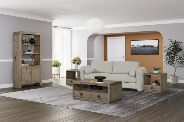 English Elm English Knotty Oak Veneer Cocktail Table with Two Drawers and Open Shelf Storage B2699P424780