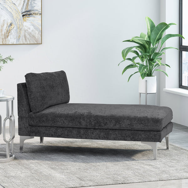 English Elm Christopher Knight Home® - CHAISE Plush Fabric Lounge with Silver Bracket Legs and Backrest Pillow for Stylish Comfort Black 66.75 L x 30.5 W x 12.25 H 68109.00BLK