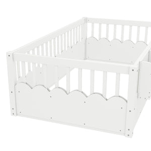 English Elm Twin Low Profile Kids Floor Bed Pine Wood Frame with Safety Rail and Built in Bookshelf White W1580P373134