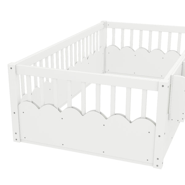 English Elm Twin Low Profile Kids Floor Bed Pine Wood Frame with Safety Rail and Built in Bookshelf White W1580P373134