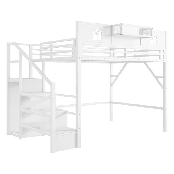 English Elm Queen Size Loft Bed With House-Shaped Guardrails, Stairs & Wardrobe - Perfect For Kids & Teens! W2593S00038-GIGA