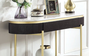 English Elm Gorgeous Mid-Century Glam Coffee Table with White Faux Marble Top, Gold Frame, Concealed Drawer Black + Dark Walnut 52 L x 20 W x 12 H B011P184954