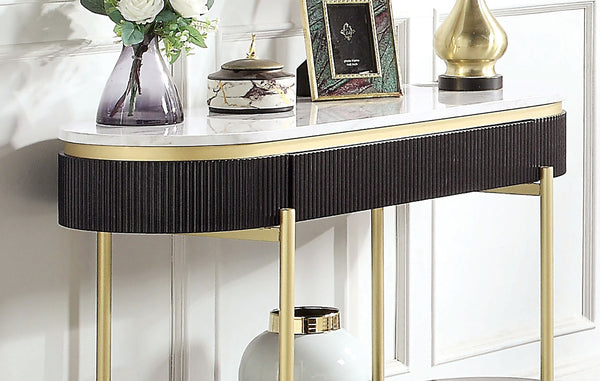 English Elm Gorgeous Mid-Century Glam Coffee Table with White Faux Marble Top, Gold Frame, Concealed Drawer Black + Dark Walnut 52 L x 20 W x 12 H B011P184954