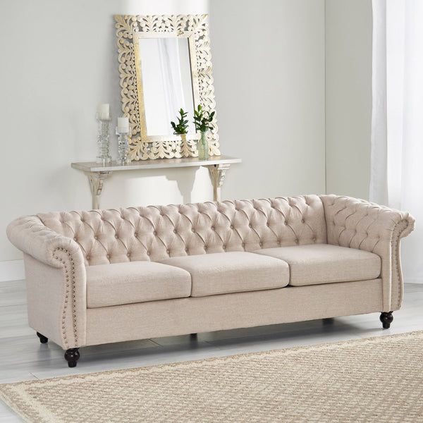 English Elm Sofa Chesterfield Three Seat Tufted Scrolled Arm Nailhead Living Room Formal Piece 68014.00FBGE