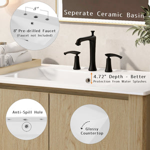 English Elm Christopher Knight Home® - 36" Modern Wall-Mounted Bathroom Vanity with Ceramic Sink, Soft-Close Doors, Fluted Accent & Open Shelves Antique Natural N817P245321N