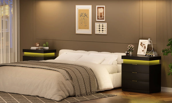 English Elm Nightstand with Built-in Charging Station Rgb Led Lighting and Sliding Top Drawer Black W1162P246397