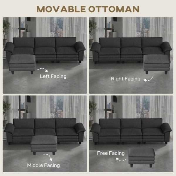 English Elm Luxury Corduroy Sectional Sofa with Reversible Ottoman Deep Seat Family Living Room Dark Gray T3971S00107