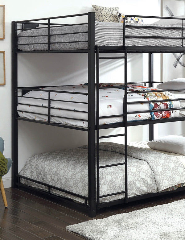 English Elm Contemporary Triple Decker Bunk Bed With Guard Rails, Two Ladders, Space-Saving Metal Design B2741S00347