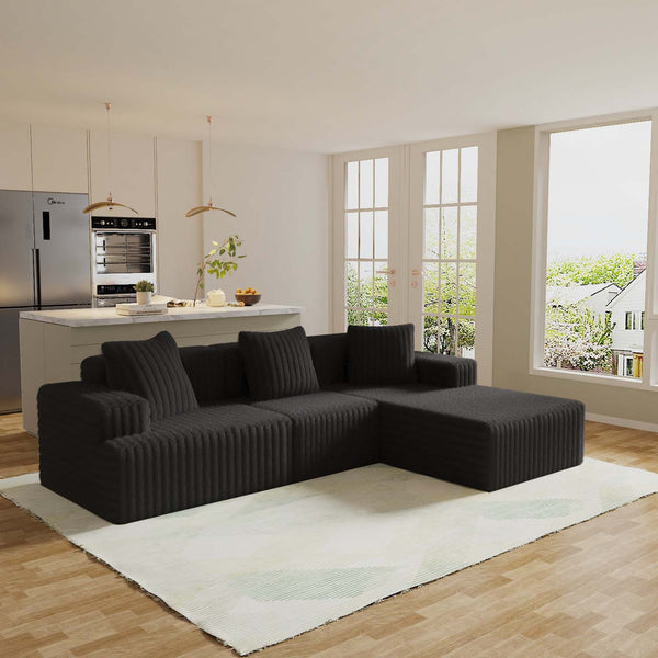 English Elm Compression Sectional Couch Plush Corduroy Chaise L-Shape Sleeper, Deep Seat Modular Sofa Black W3341P346292