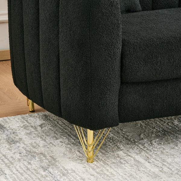 English Elm 85" Oversized Chenille Sofa Luxury 3-Seater Deep Tufted Couch with Gold Metal Legs and Pillows Black W3373S00035