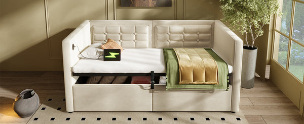 English Elm Upholstered Twin Daybed with Hydraulic Storage, Velvet Tufted Sofa Back, USB & Type-C Charging Port Beige N736P303402B
