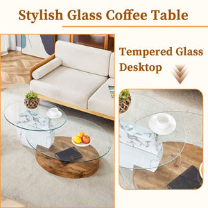 English Elm Contemporary White Marble & Wood Grain Double-Layer Coffee Table with Tempered Glass Top, Stylish Centerpiece W1512P386948