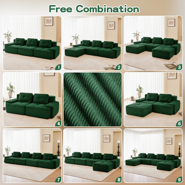 English Elm 117" Modern L-Shaped Modular Sectional Sofa - Stylish Comfort, Deep Seating, Movable Ottoman, Green W714S01486