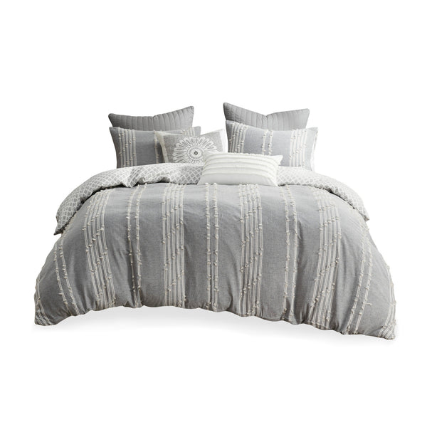 English Elm Full/Queen Kara Cotton Jacquard Duvet Cover Set – OEKO-TEX, button closure, ties, global striped & diamond design Gray 11.81 L x 9.84 W x 5.51 H B03596507