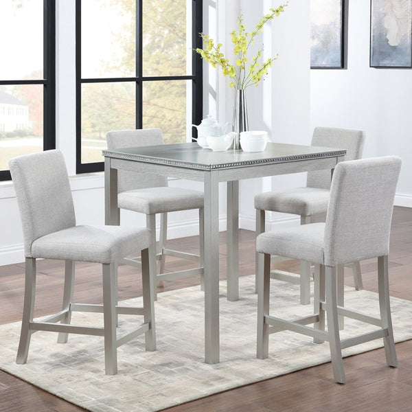 English Elm Wooden Counter Height Square Dining Table Glam Crystal Edge Detail Seats Four Silver Grey W1998128389