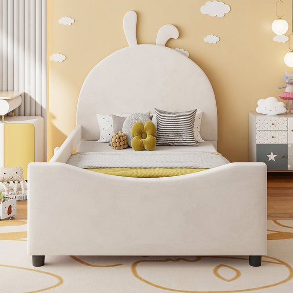 English Elm Twin Velvet Daybed with Sculptural Rabbit Ear Headboard for Kids or Guest Rooms Beige N737P380205A