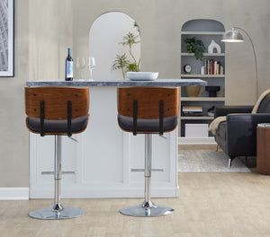 English Elm Adjustable Swivel Barstools Mid Century Walnut Faux Leather Chrome Set of 2 B202S01997