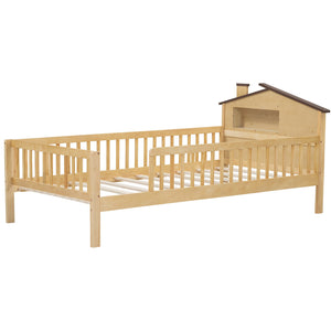 English Elm Twin House-Shaped Platform Bed with Built-In Storage, LED Accent Lighting and Rustic Pine Charm (95) Natural N709P184429M