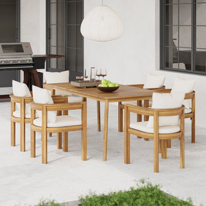 English Elm Christopher Knight Home® - Abaco Teak+ Beige 7PC Acacia Wood Patio Dining Set with 6 Cushioned Chairs & Slatted Curved Table ABACO7PCDSETT