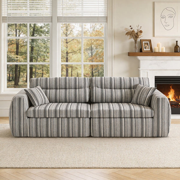 English Elm Chenille Stripe Velvet Sofa Three Seat Minimalist Upholstered Couch for Living Room Black White W5532S00011