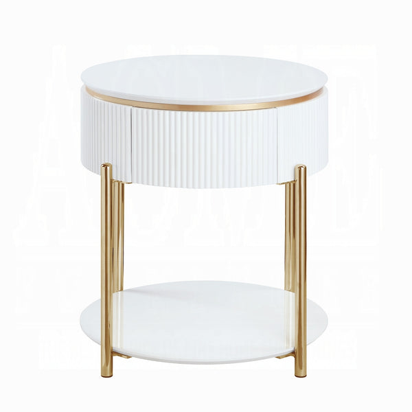 English Elm White White High Gloss and Gold End Table with Drawer and Shelf, 24" Chic Accent Nightstand for Stylish Storage B062P209067