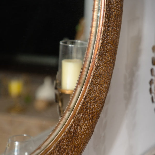 English Elm 31.3" Gold Iron Round Mirror Ribbed Texture Rivets Bohemian Accent for Bedroom W3158P407138