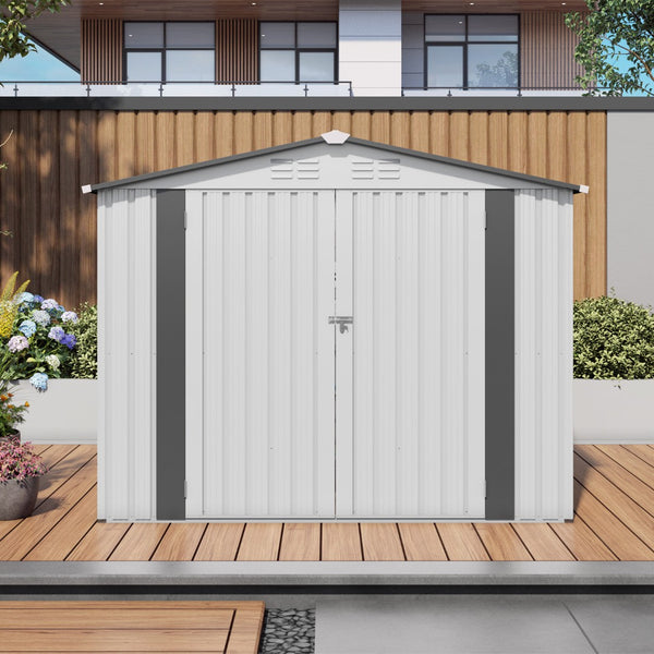 English Elm 8x6 Galvanized Steel Outdoor Storage Shed with Pitched Roof Lockable Doors and Window W3213S00007