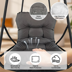 English Elm Swing Egg Chair with Stand - Foldable Rattan Hanging Basket Seat, Cushioned Comfort, Cup Holder Black W2707P388616