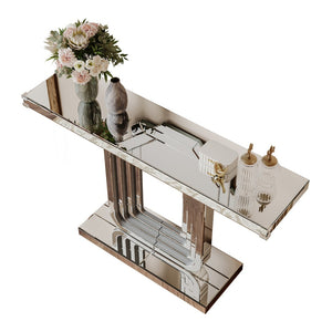 English Elm Mirrored Console Table Silver Glam Entryway Piece with Geometric U Base and Etched Detail W1445P370476