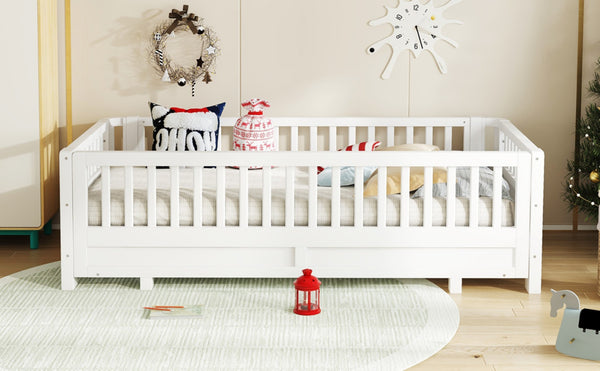 English Elm Twin Xl Platform Bed Frame With Guardrails - Solid Pine Wood, Convertible To Queen, White Finish W1580S00241-GIGA