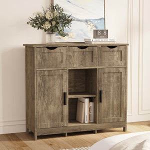 English Elm Storage Cabinet with Drawers and Adjustable Shelves, MDF Durable Accent Piece for Home Organization and Decor Gray W2386P228992