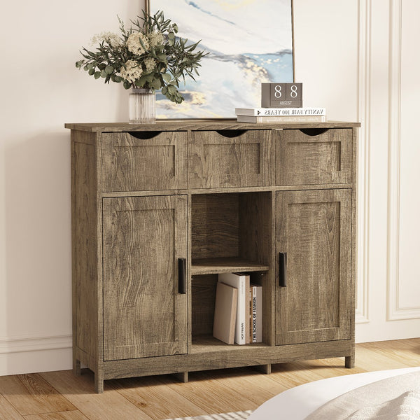 English Elm Storage Cabinet with Drawers and Adjustable Shelves, MDF Durable Accent Piece for Home Organization and Decor Gray W2386P228992