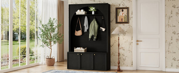 English Elm On-trend Farmhouse Hall Tree Arched Cabinet Storage Bench with Golden Hooks Mudroom Black N721S000080B