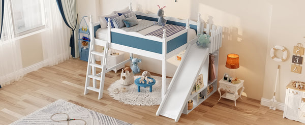 English Elm Twin Loft Bed Solid Pine Frame with Wardrobe Shelving Detachable Slide Kids Room White+Blue W5305S00024