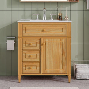 English Elm 30" Pine Wood Bathroom Vanity with Ceramic Sink Soft Close Drawers and Vintage Knobs N725P375498N